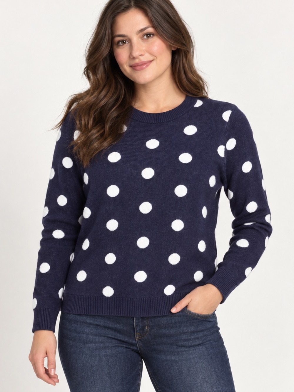 Berkley Jensen Women’s Large Navy White Polka Dot Crewneck Sweater
